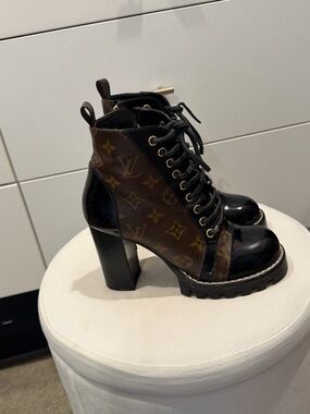 Louis Vuitton Black Patent and Brown Monogram Heeled Lace-Up Boots